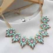 Mint and Purple Jewel Crystal Statement Necklace.Flower necklace