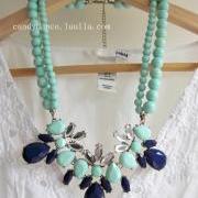 Mint and Blue Crytsal and Beads 2 Layer Statement Necklace 