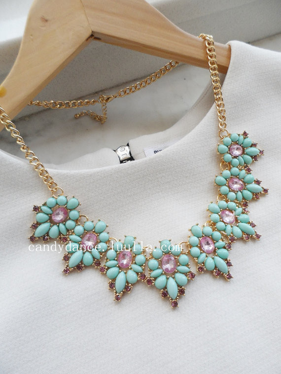 Mint And Purple Jewel Crystal Statement Necklace.flower Necklace